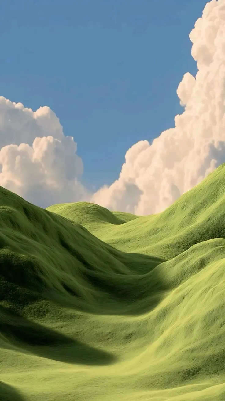 an artistic painting of green hills under a cloudy blue sky with white clouds in the background