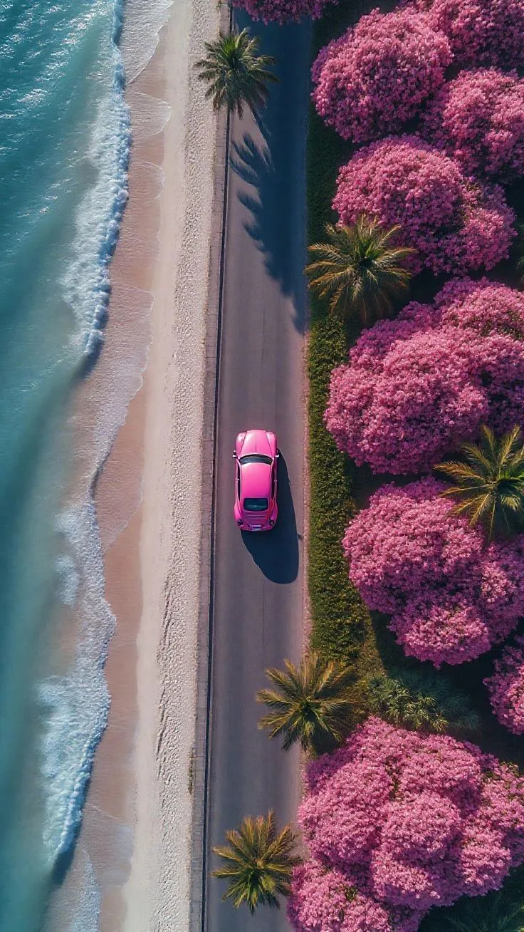 an aerial view of a pink car parked on the side of a road next to palm trees