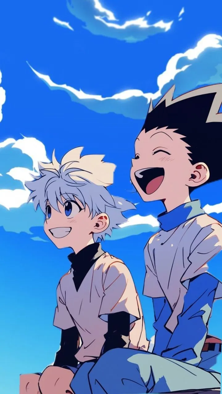 two young boys sitting on top of each other in front of blue sky and clouds