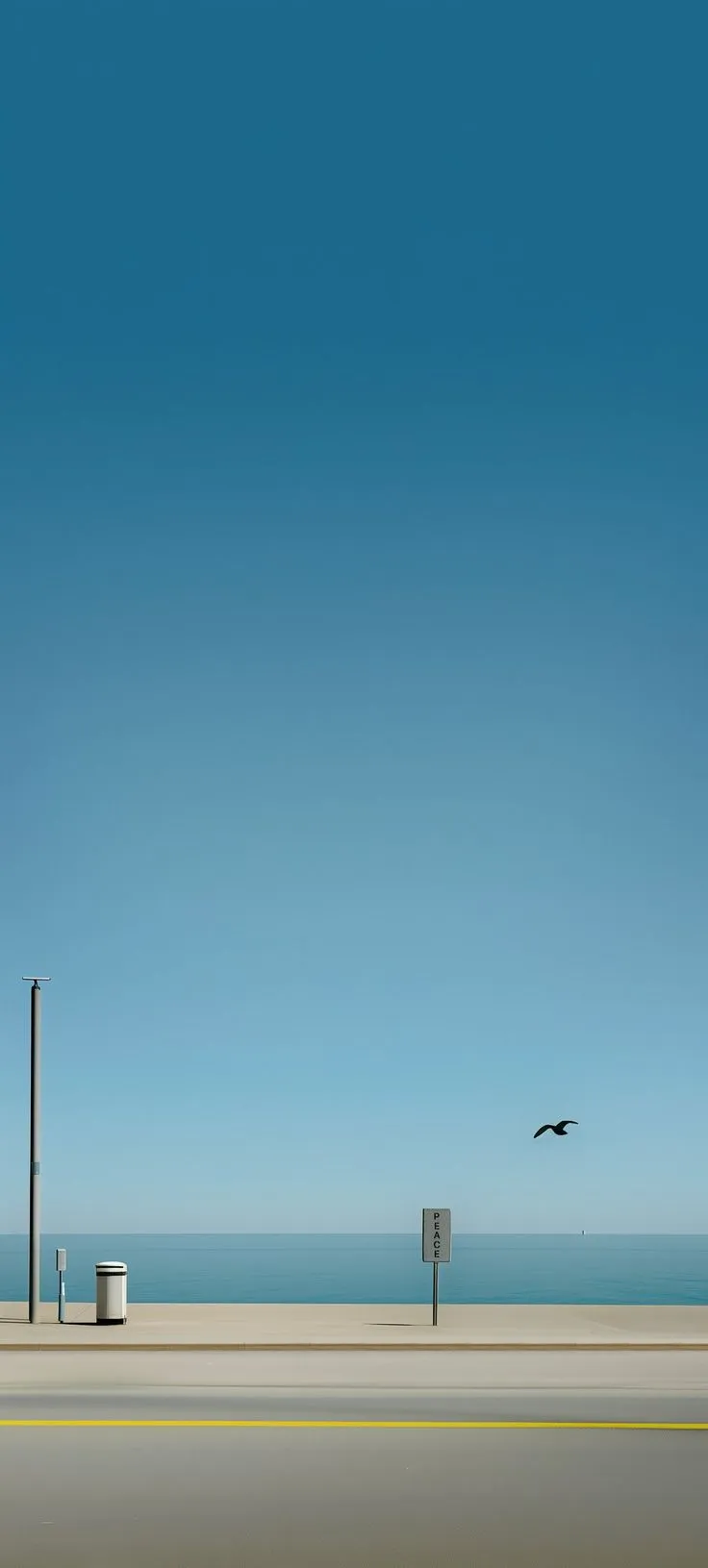 a bird flying over the ocean next to a street sign and trash can on the side of the road