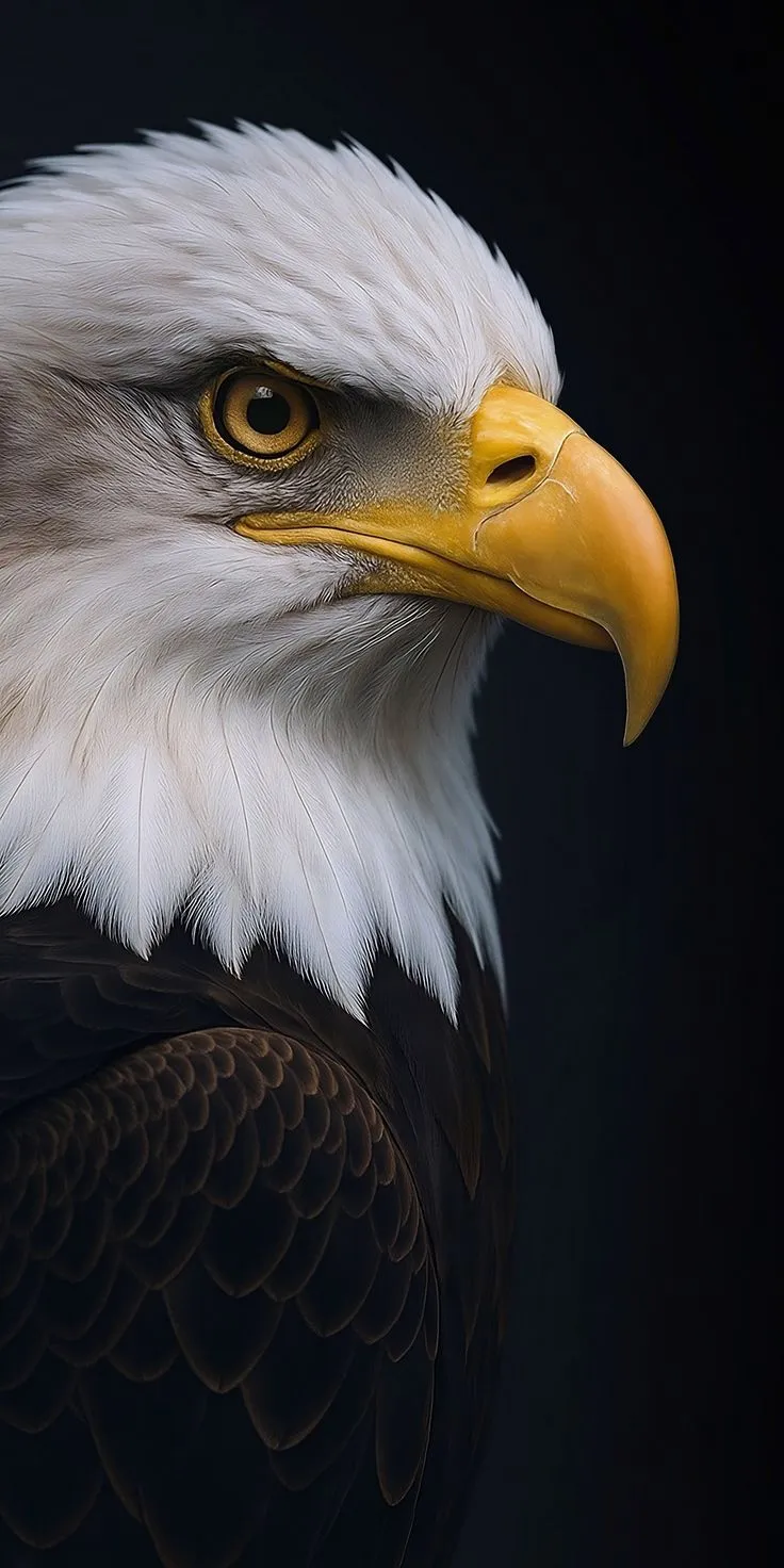 a bald eagle with an orange beak and white head is photographed against a black background