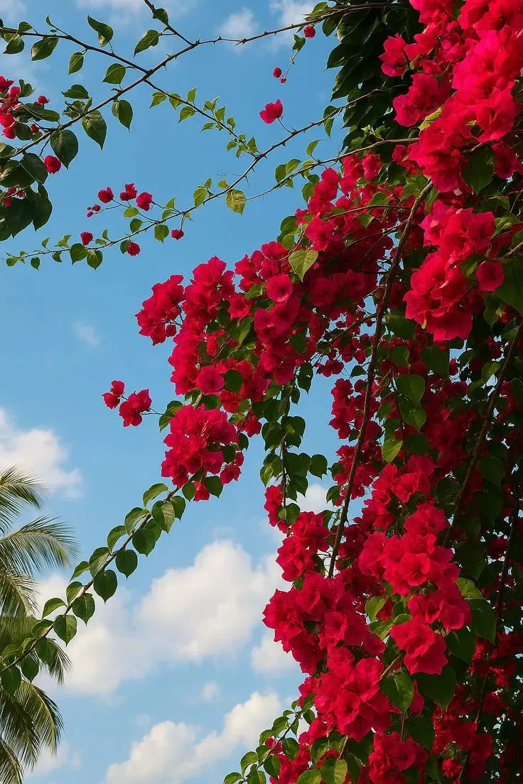 red flowers are blooming on the branches of palm trees in front of a blue sky with white clouds