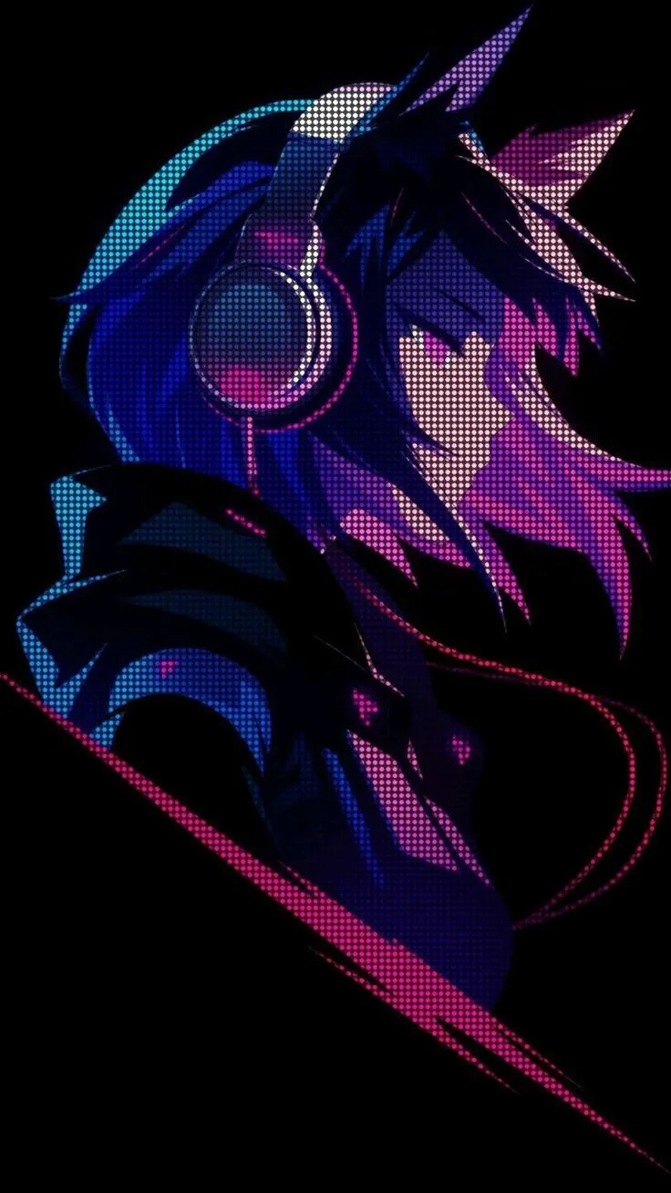 an anime character with headphones on in the dark, looking like she is listening to music