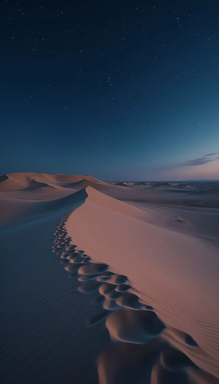 the night sky is lit up with stars above sand dunes and footprints in the foreground