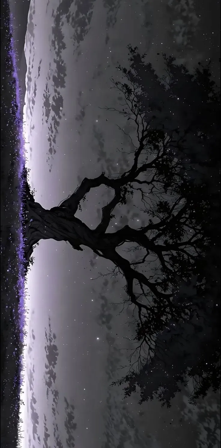 a tree with no leaves in front of a sky filled with stars and the moon