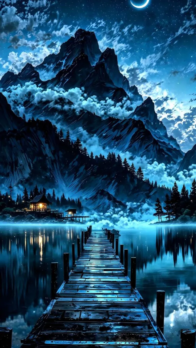 a pier in the middle of a lake under a night sky with stars and moon