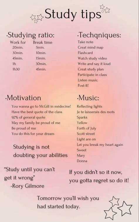 a pink poster with stars on it that says study tips
